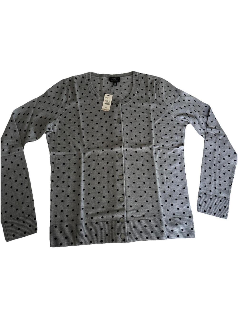 Talbots Petites 100% Pure Merino Wool Small PS Gray Black Polka Dot Sweater